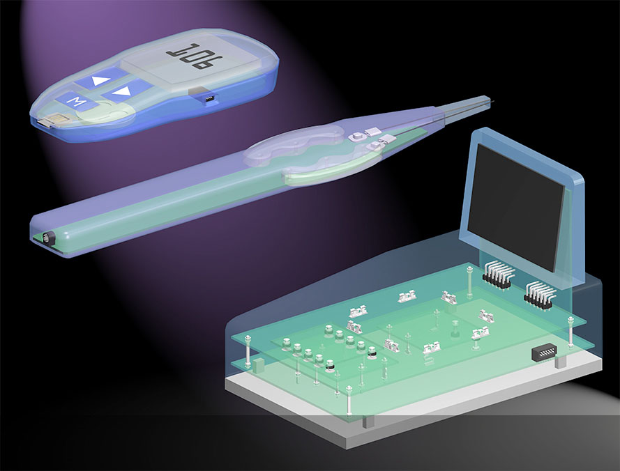 illustration of a few medical device instruments including animation showing the medical device components